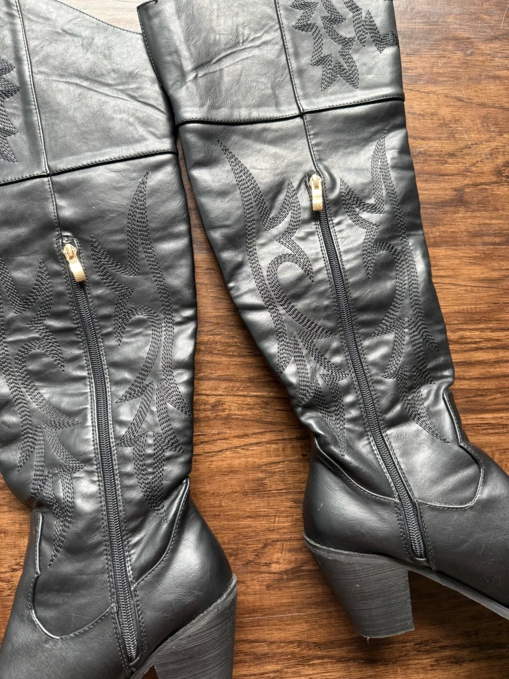 Black Leather Embroidered over Knee Amazon Boots size 9